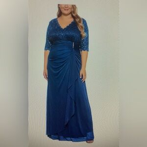 Betsy & Adam Peacock Blue V-Neck Gown